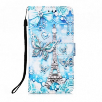 Capa Em Pele Para Samsung Galaxy M12 / A12 De Cordão Correia Borboleta Torre Eiffel