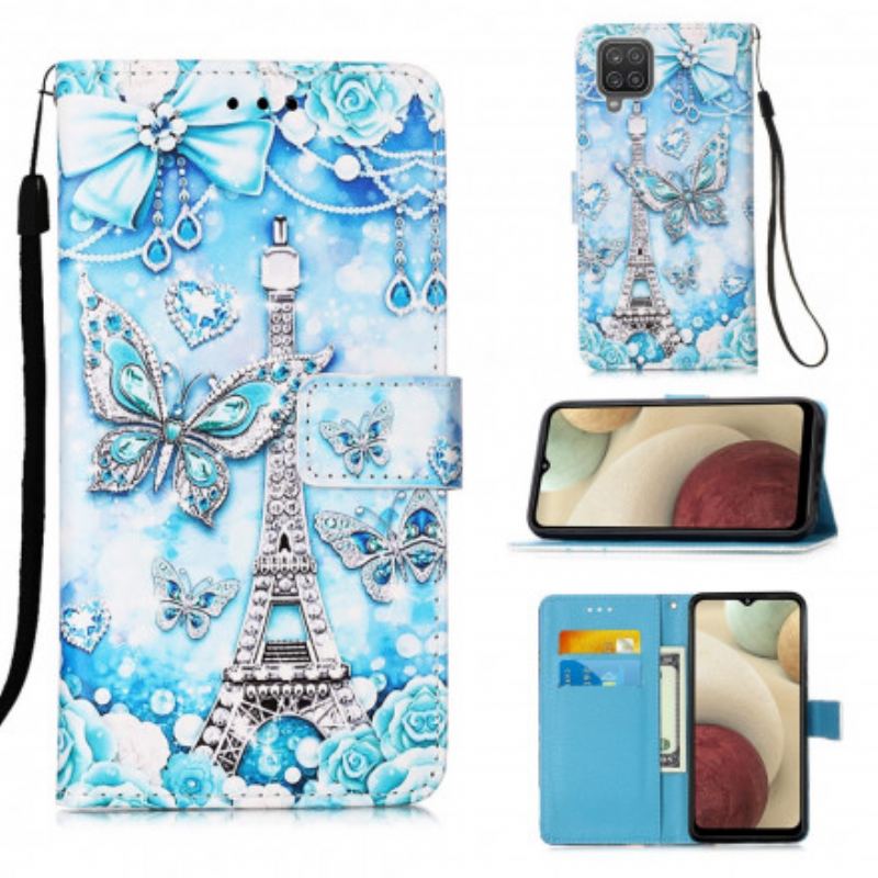 Capa Em Pele Para Samsung Galaxy M12 / A12 De Cordão Correia Borboleta Torre Eiffel