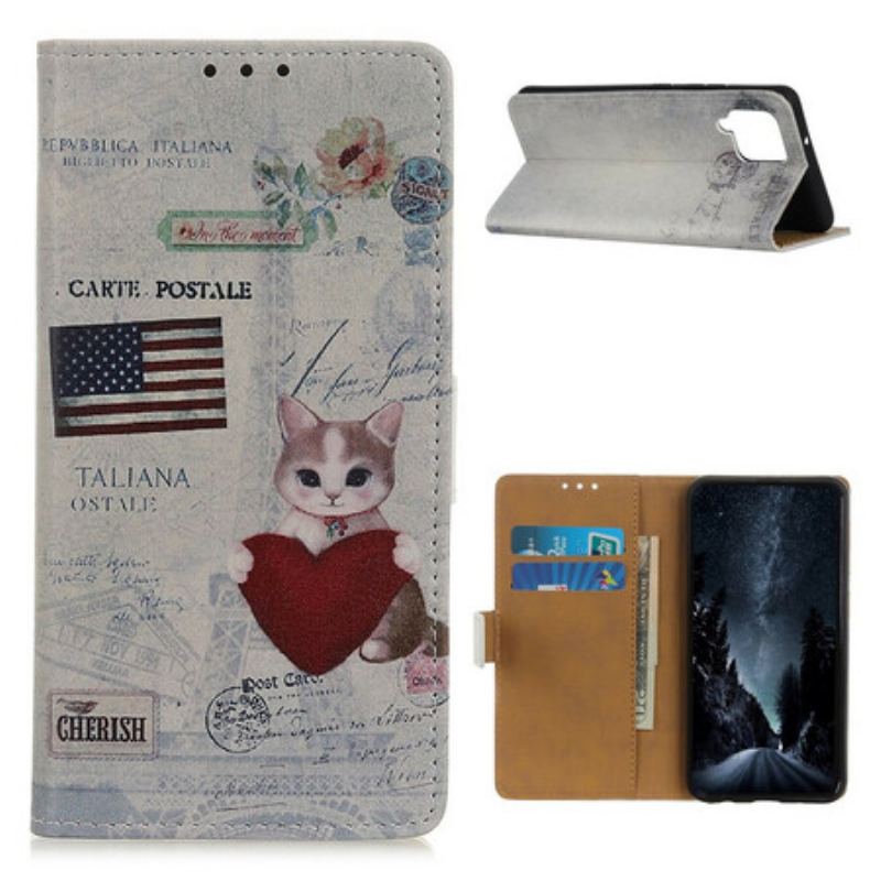 Capa Em Pele Para Samsung Galaxy M12 / A12 Gato Viajante