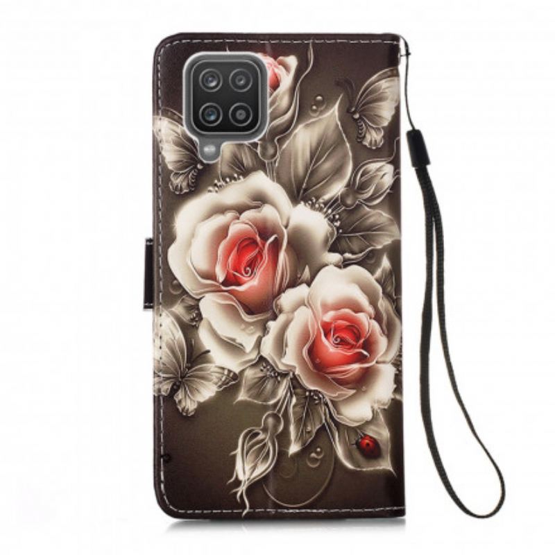 Capa Em Pele Para Samsung Galaxy M12 / A12 Rosas Douradas