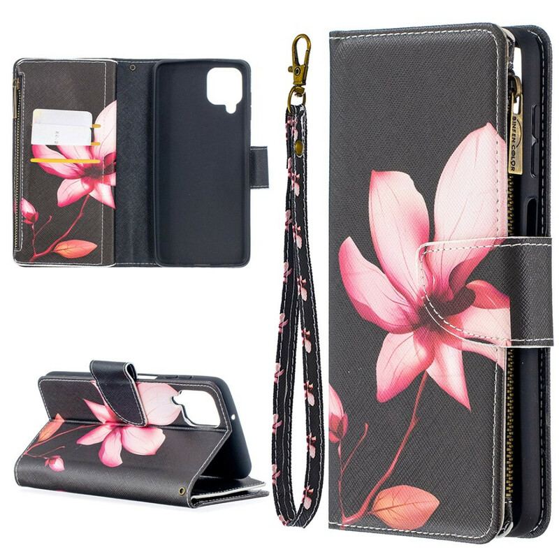 Capa Flip Para Samsung Galaxy M12 / A12 Bolso Com Zíper Flor