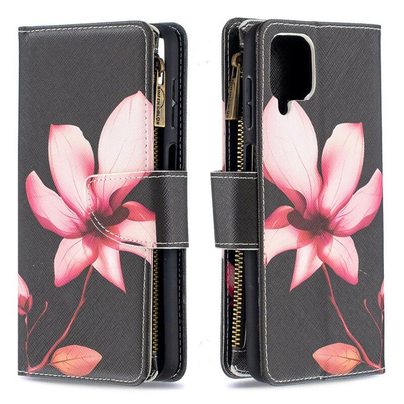 Capa Flip Para Samsung Galaxy M12 / A12 Bolso Com Zíper Flor