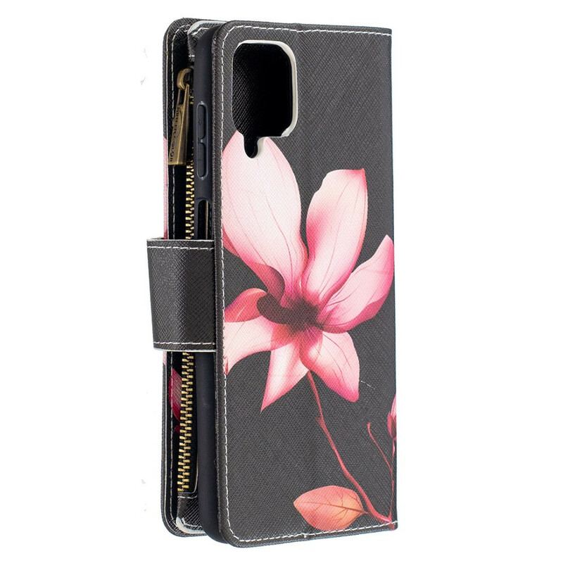 Capa Flip Para Samsung Galaxy M12 / A12 Bolso Com Zíper Flor