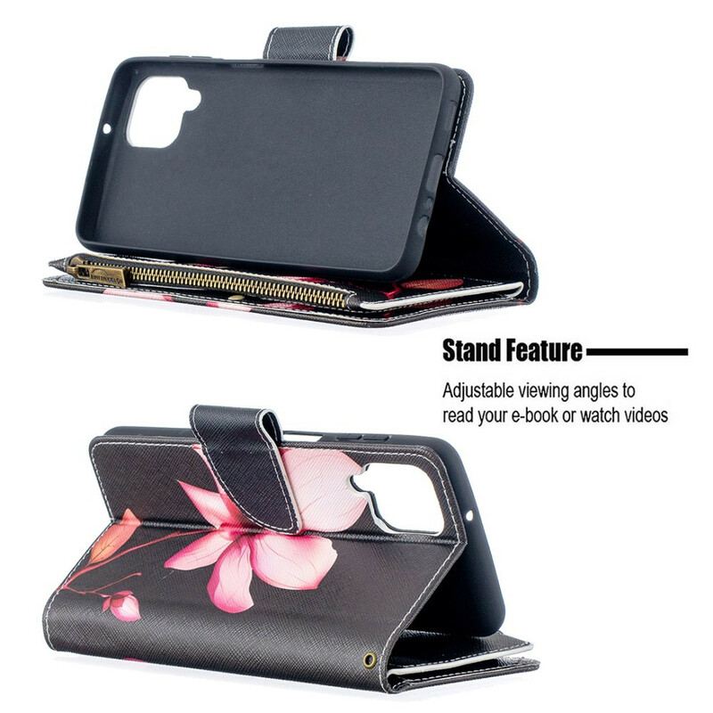 Capa Flip Para Samsung Galaxy M12 / A12 Bolso Com Zíper Flor