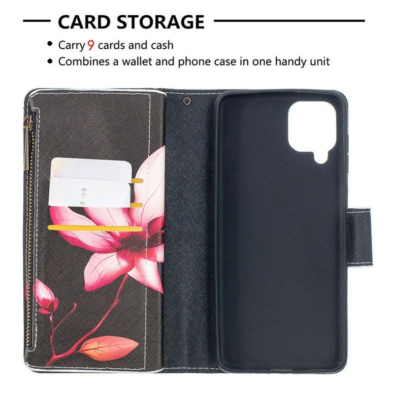 Capa Flip Para Samsung Galaxy M12 / A12 Bolso Com Zíper Flor