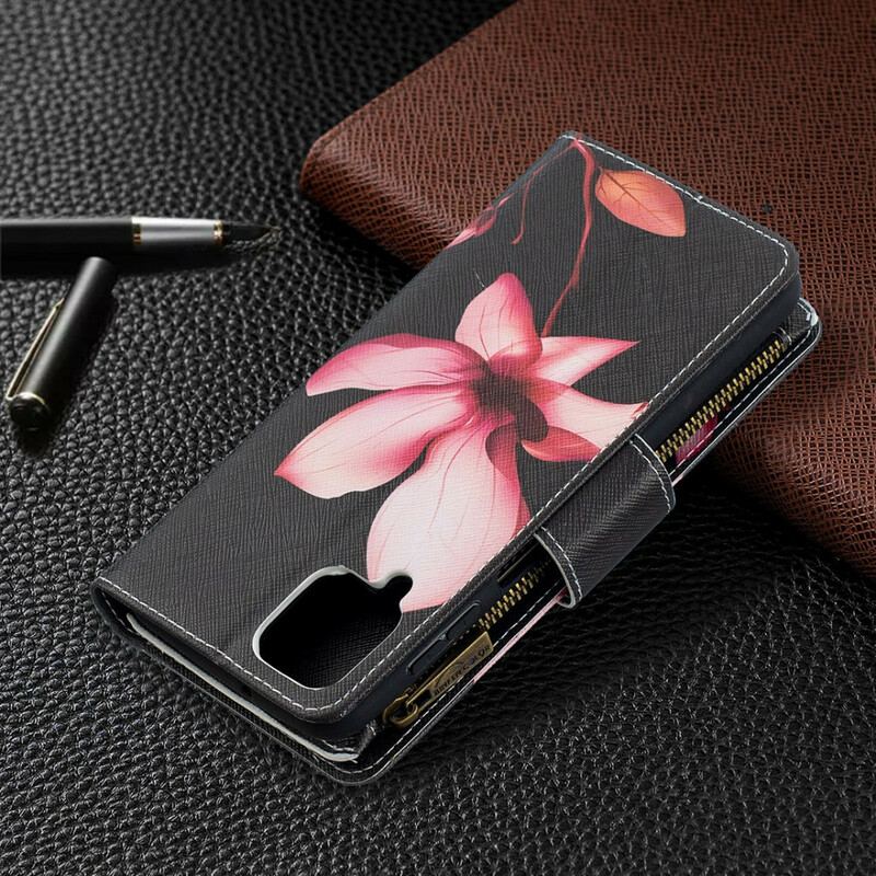 Capa Flip Para Samsung Galaxy M12 / A12 Bolso Com Zíper Flor