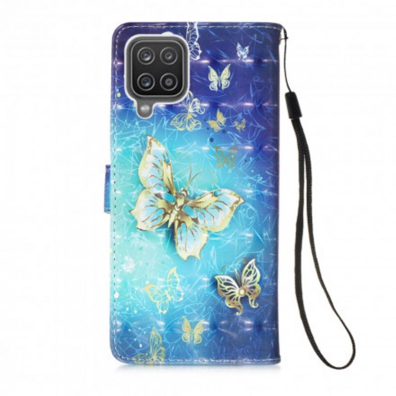 Capa Flip Para Samsung Galaxy M12 / A12 Borboletas Douradas