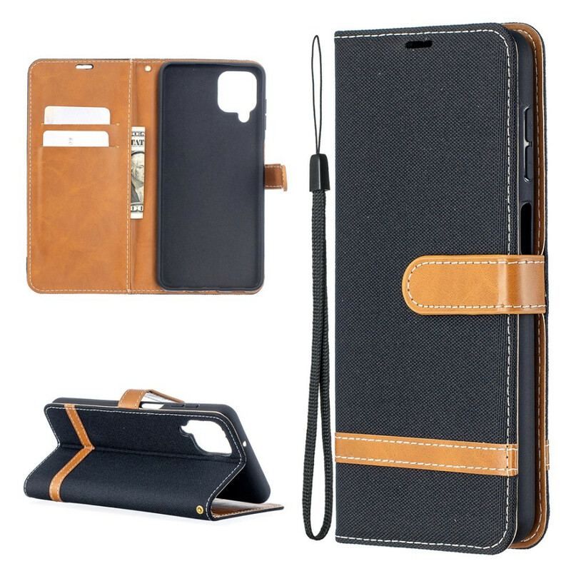 Capa Flip Para Samsung Galaxy M12 / A12 De Cordão Correia Efeito Tecido E Couro