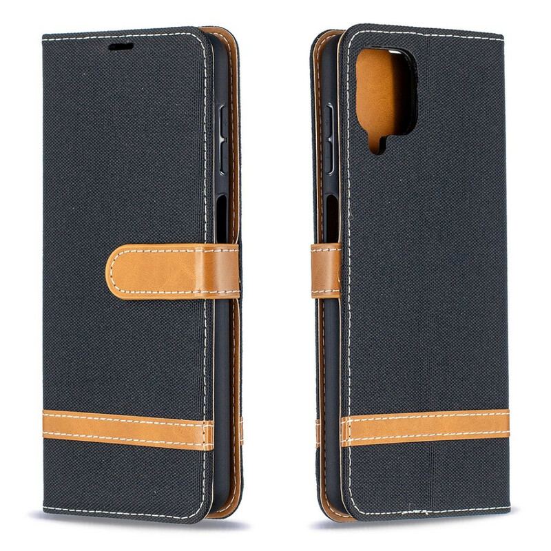 Capa Flip Para Samsung Galaxy M12 / A12 De Cordão Correia Efeito Tecido E Couro