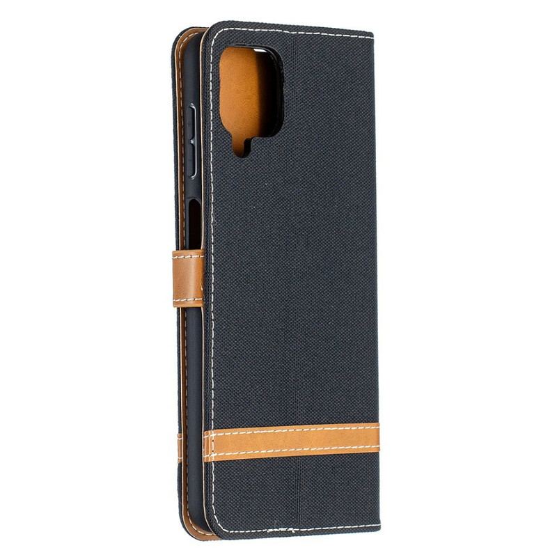 Capa Flip Para Samsung Galaxy M12 / A12 De Cordão Correia Efeito Tecido E Couro