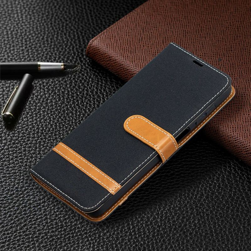 Capa Flip Para Samsung Galaxy M12 / A12 De Cordão Correia Efeito Tecido E Couro