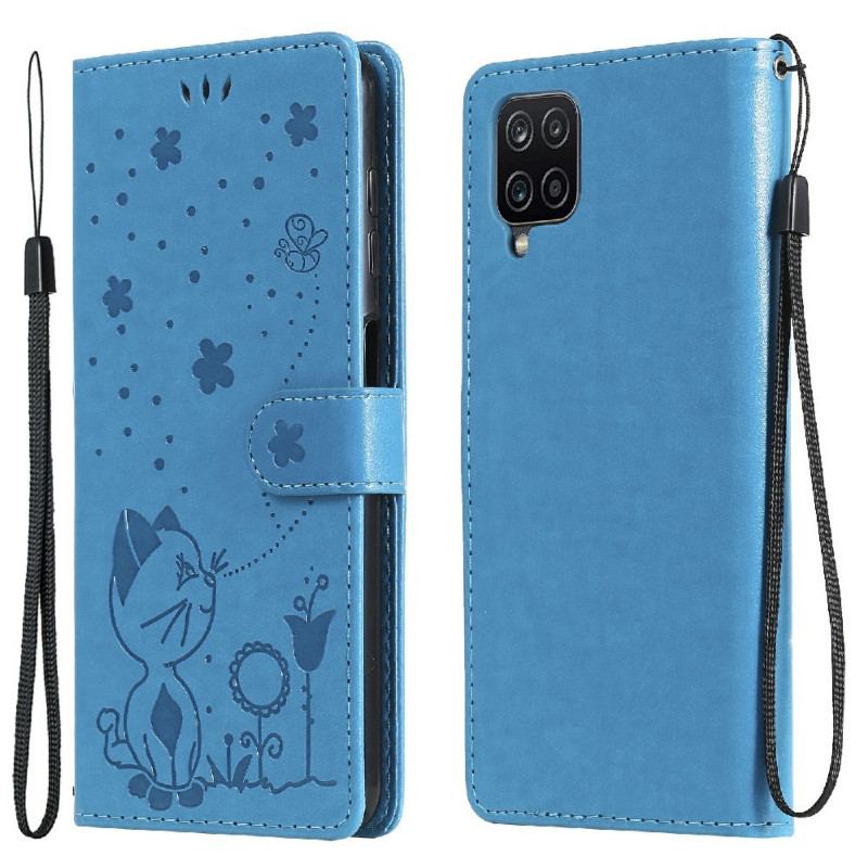 Capa Flip Para Samsung Galaxy M12 / A12 De Cordão Gato E Abelha Com Cordão