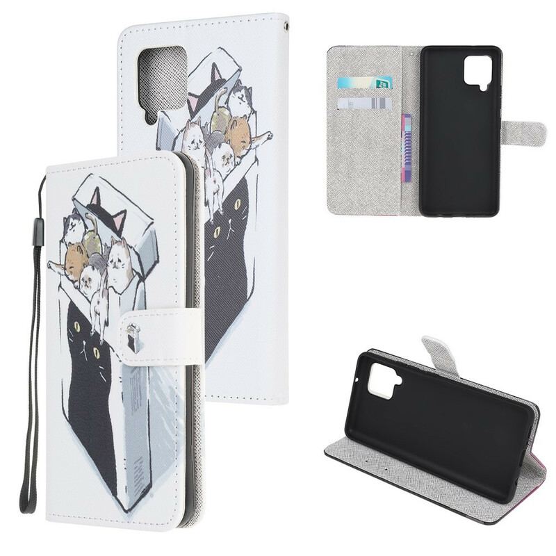 Capa Flip Para Samsung Galaxy M12 / A12 De Cordão Gatos De Entrega Com Tangas