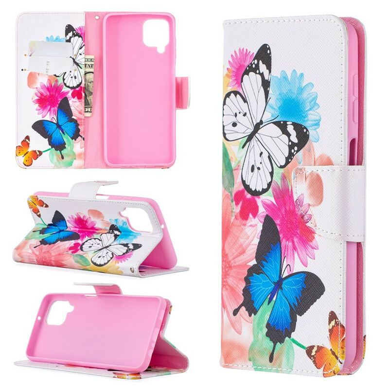 Capa Folio Para Samsung Galaxy M12 / A12 Borboletas E Flores Pintadas