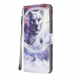 Capa Folio Para Samsung Galaxy M12 / A12 Lobo No Inverno Com Cordão