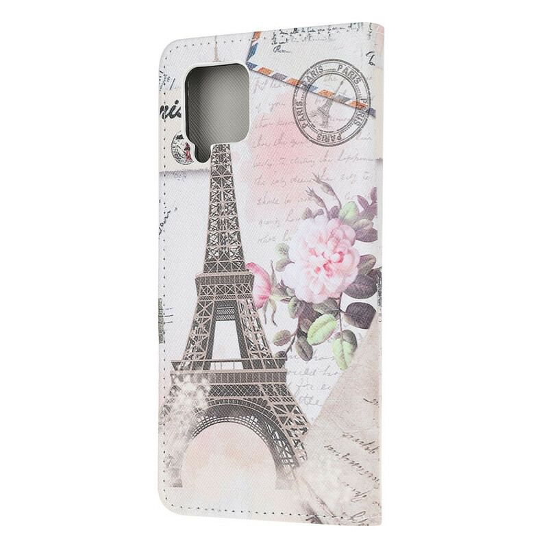 Capa Folio Para Samsung Galaxy M12 / A12 Torre Eiffel Retrô