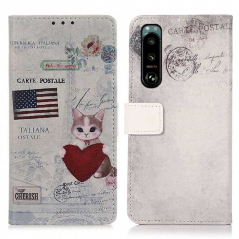 Capa Em Pele Para Sony Xperia 5 III Gato Viajante