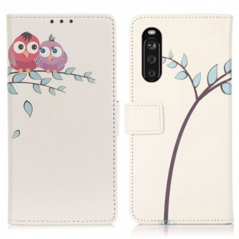 Capa Flip Para Sony Xperia 5 III Casal De Corujas Na Árvore