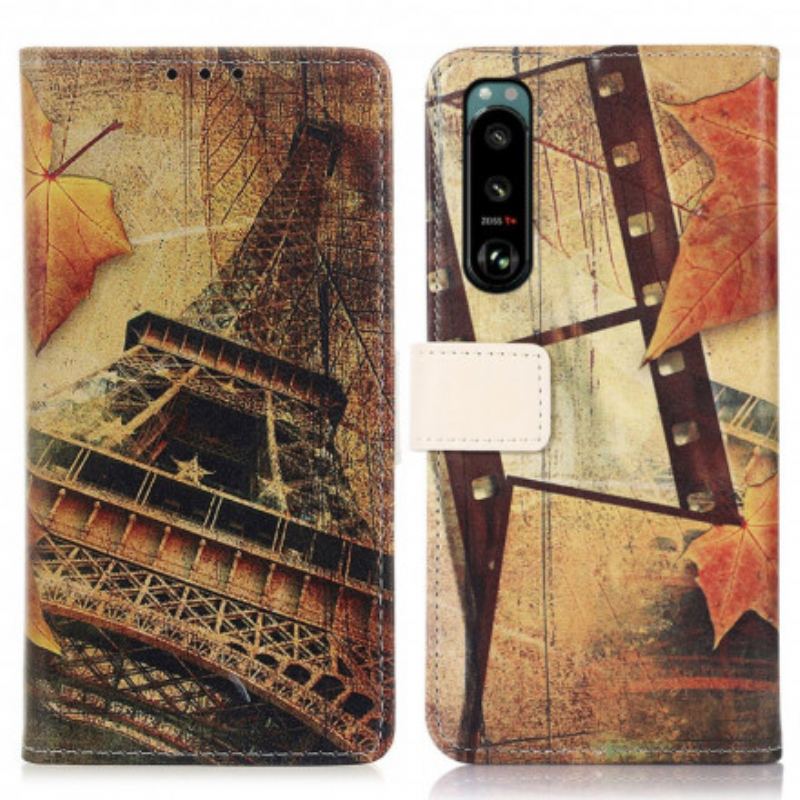 Capa Folio Para Sony Xperia 5 III Torre Eiffel No Outono