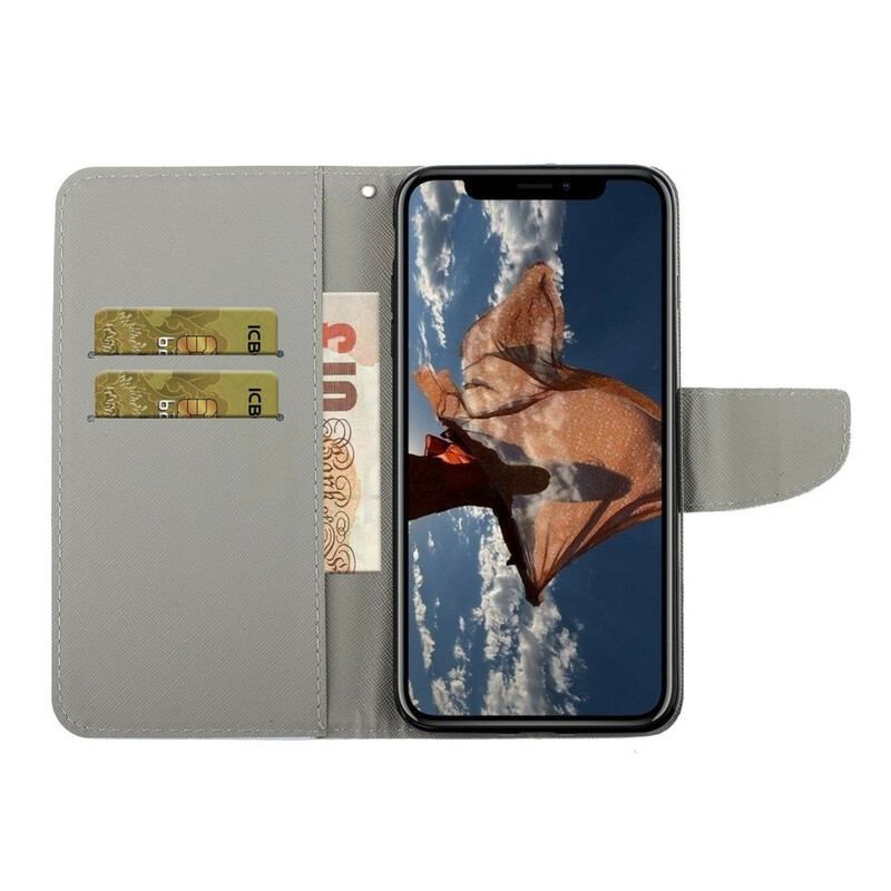 Capa De Couro Para iPhone 12 / 12 Pro Borboletas E Cordão