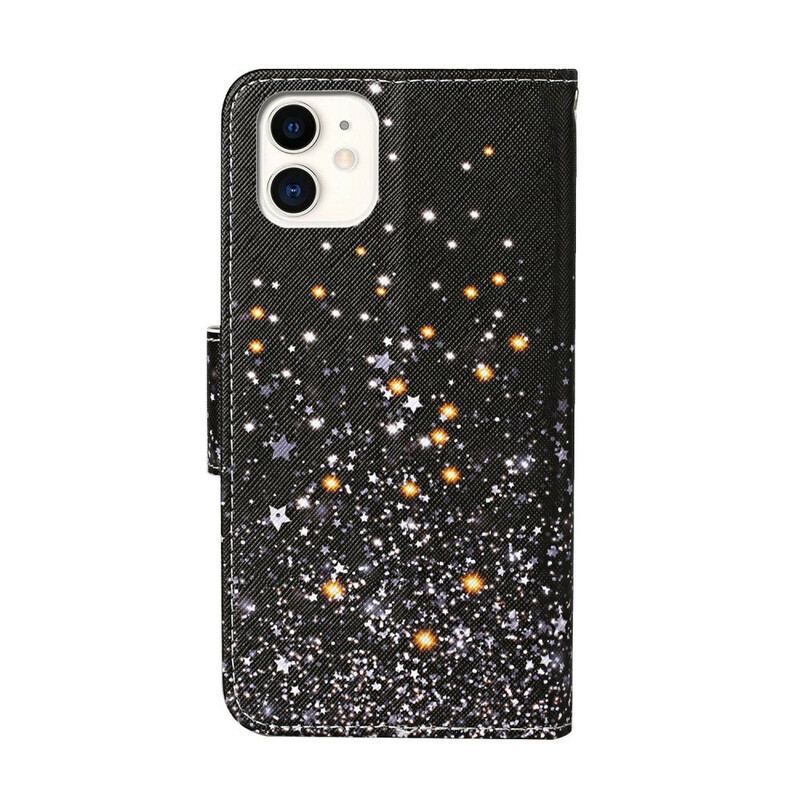 Capa Flip Para iPhone 12 / 12 Pro Estrelas E Lantejoulas Com Cordão