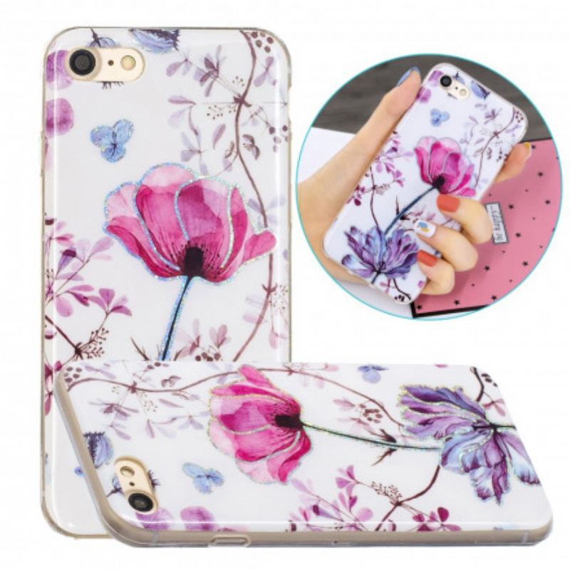 Capa De Celular Para iPhone SE 3 / SE 2 / 8 / 7 Flores Com Glitter