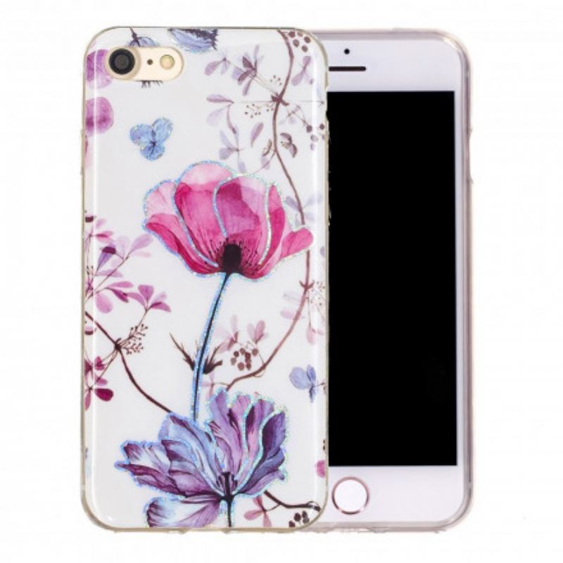 Capa De Celular Para iPhone SE 3 / SE 2 / 8 / 7 Flores Com Glitter