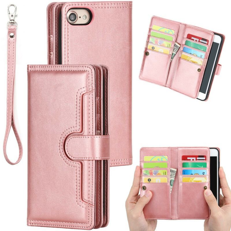 Capa Flip Para iPhone SE 3 / SE 2 / 8 / 7 Efeito De Couro Multicartão Com Cordão