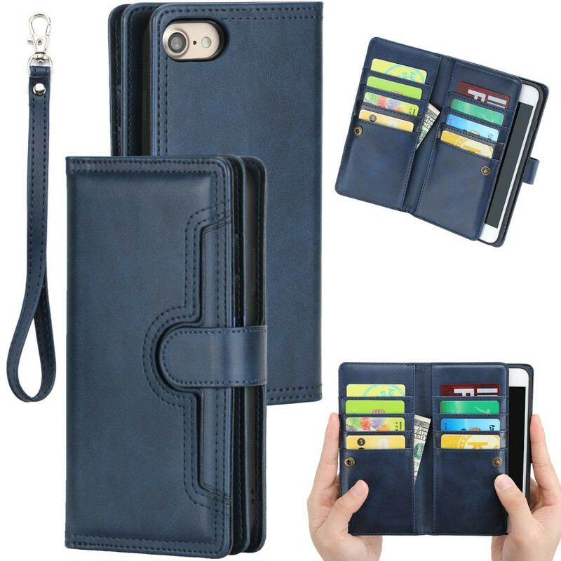 Capa Flip Para iPhone SE 3 / SE 2 / 8 / 7 Efeito De Couro Multicartão Com Cordão