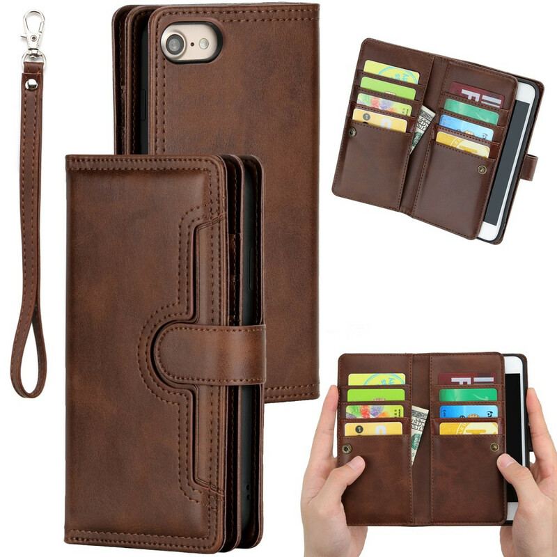 Capa Flip Para iPhone SE 3 / SE 2 / 8 / 7 Efeito De Couro Multicartão Com Cordão