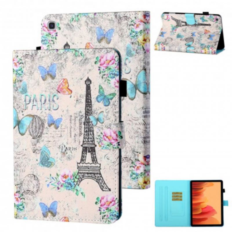 Capa Em Pele Para Samsung Galaxy Tab A7 (2020) Borboletas Da Torre Eiffel