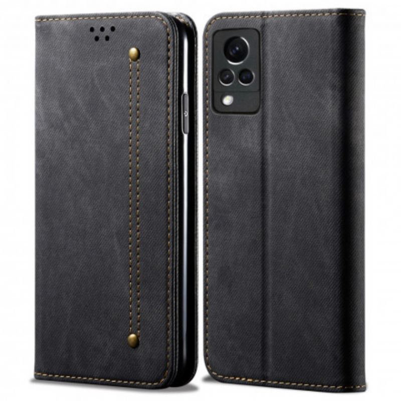 Capa De Celular Para Vivo V21 5G Flip Textura De Jeans De Couro Sintético