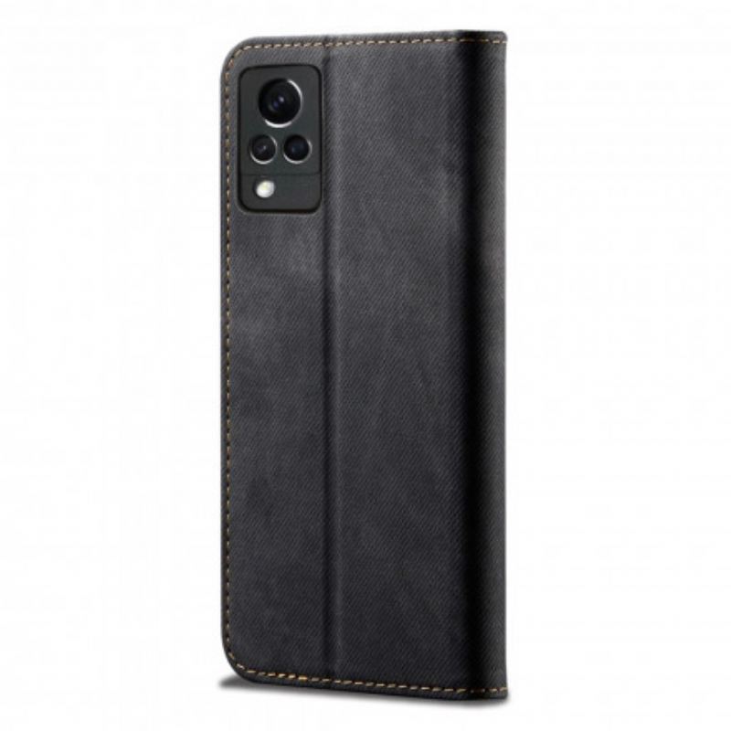 Capa De Celular Para Vivo V21 5G Flip Textura De Jeans De Couro Sintético