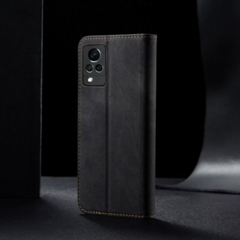 Capa De Celular Para Vivo V21 5G Flip Textura De Jeans De Couro Sintético