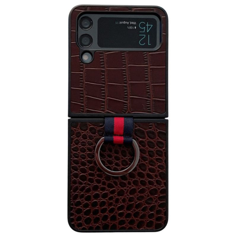 Capa De Celular Para Samsung Galaxy Z Flip 4 De Couro Estilo Crocodilo E Anel