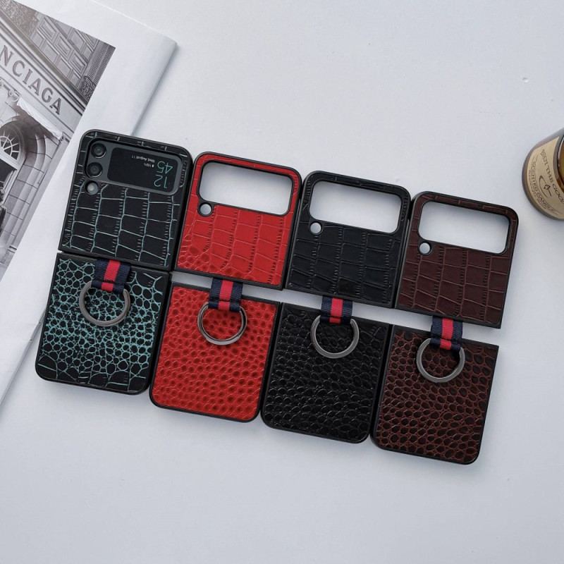 Capa De Celular Para Samsung Galaxy Z Flip 4 De Couro Estilo Crocodilo E Anel