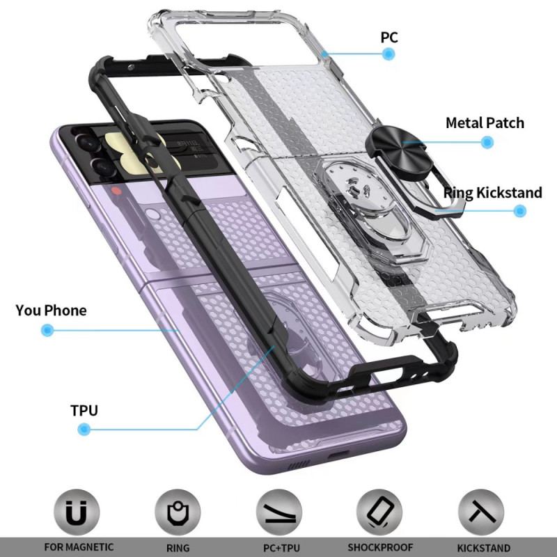 Capa De Celular Para Samsung Galaxy Z Flip 4 De Couro Honeycomb Com Suporte De Anel