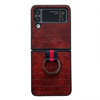 Capa Para Samsung Galaxy Z Flip 4 De Couro Croco E Design De Anel