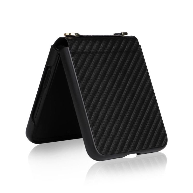 Capa Para Samsung Galaxy Z Flip 4 De Couro Fibra De Carbono Com Alça De Ombro