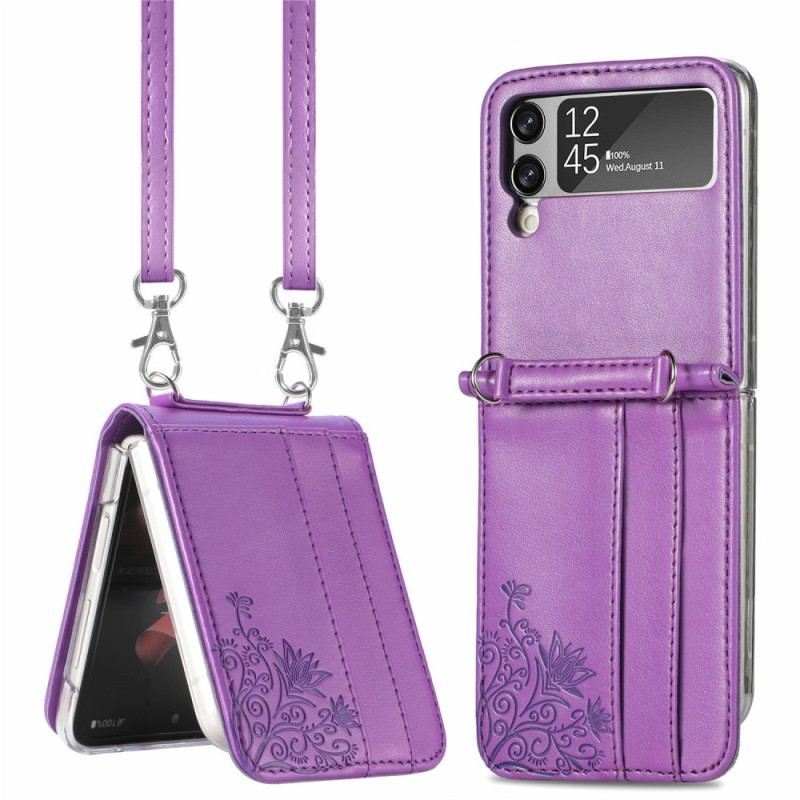 Capa Para Samsung Galaxy Z Flip 4 De Couro Flores De Alça De Ombro