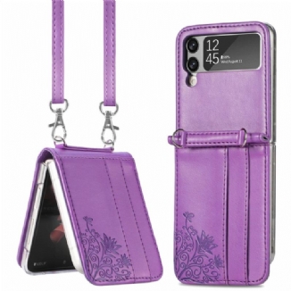 Capa Para Samsung Galaxy Z Flip 4 De Couro Flores De Alça De Ombro