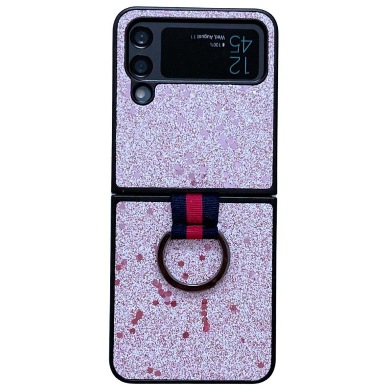 Capa Para Samsung Galaxy Z Flip 4 De Couro Lantejoulas Com Anel