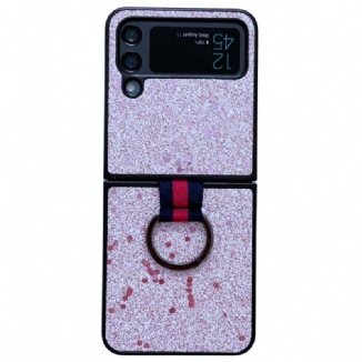 Capa Para Samsung Galaxy Z Flip 4 De Couro Lantejoulas Com Anel