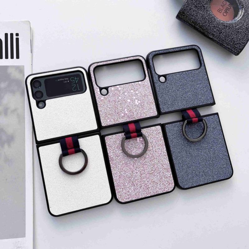 Capa Para Samsung Galaxy Z Flip 4 De Couro Lantejoulas Com Anel