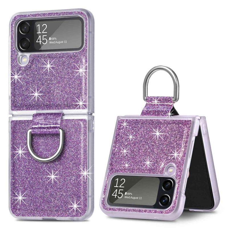 Capa Para Samsung Galaxy Z Flip 4 De Couro Lantejoulas E Anel