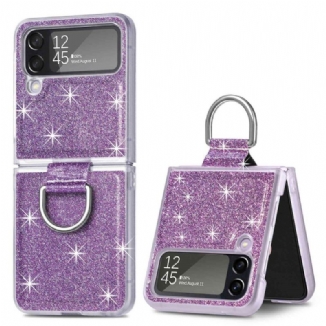 Capa Para Samsung Galaxy Z Flip 4 De Couro Lantejoulas E Anel