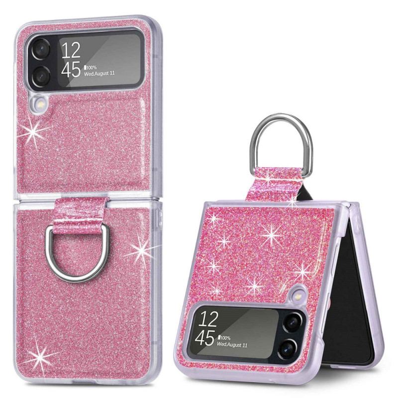 Capa Para Samsung Galaxy Z Flip 4 De Couro Lantejoulas E Anel