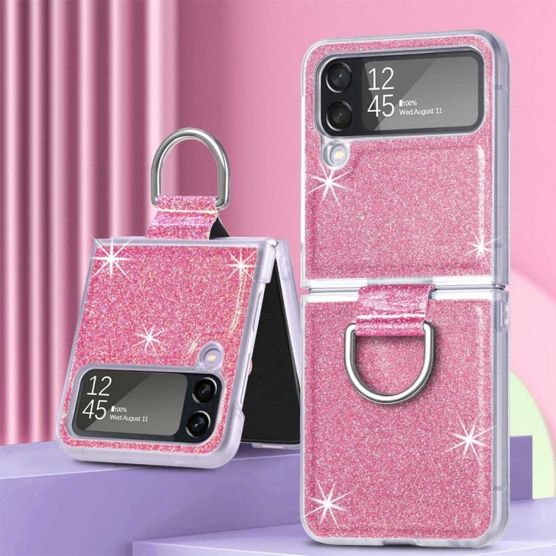 Capa Para Samsung Galaxy Z Flip 4 De Couro Lantejoulas E Anel