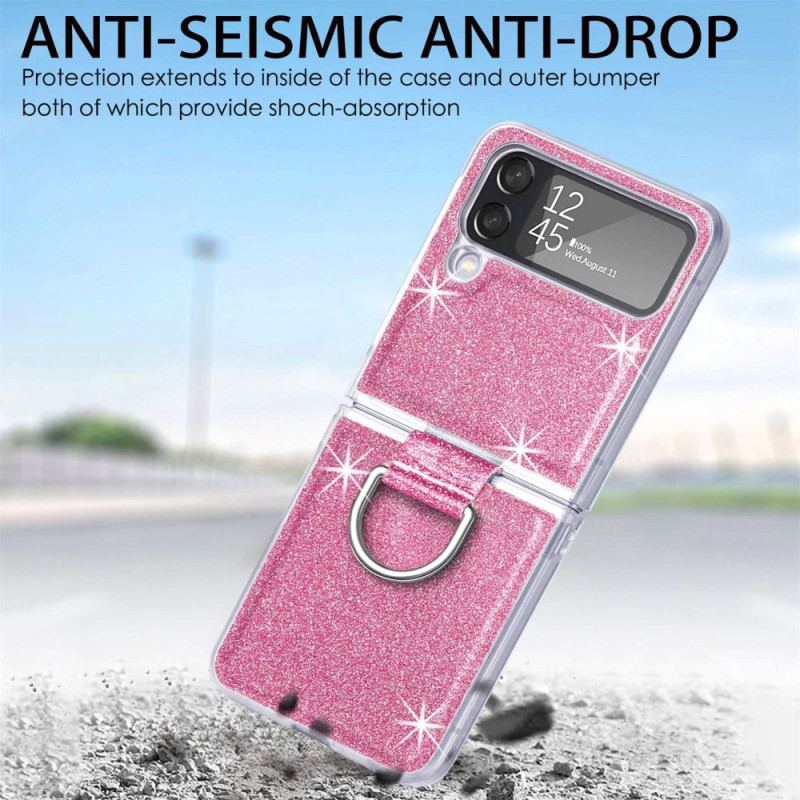 Capa Para Samsung Galaxy Z Flip 4 De Couro Lantejoulas E Anel