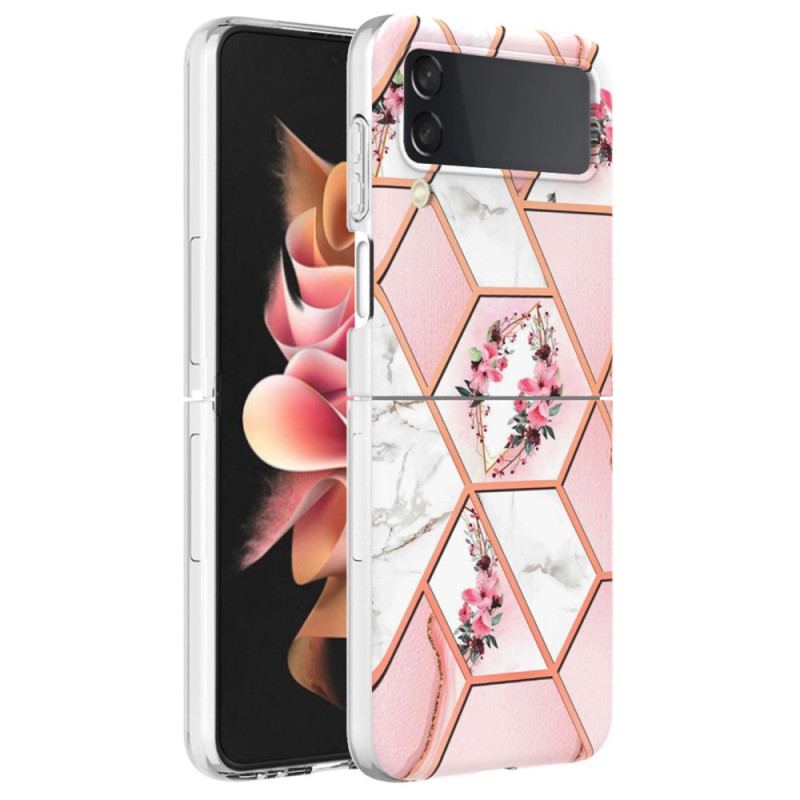 Capa Para Samsung Galaxy Z Flip 4 De Couro Mármore Floral